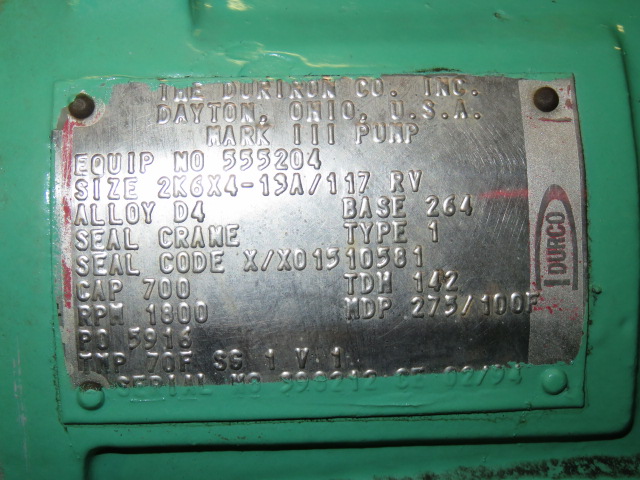 Durco pump model Mark III Alloy D4 size 2K6x4-13A/117RV