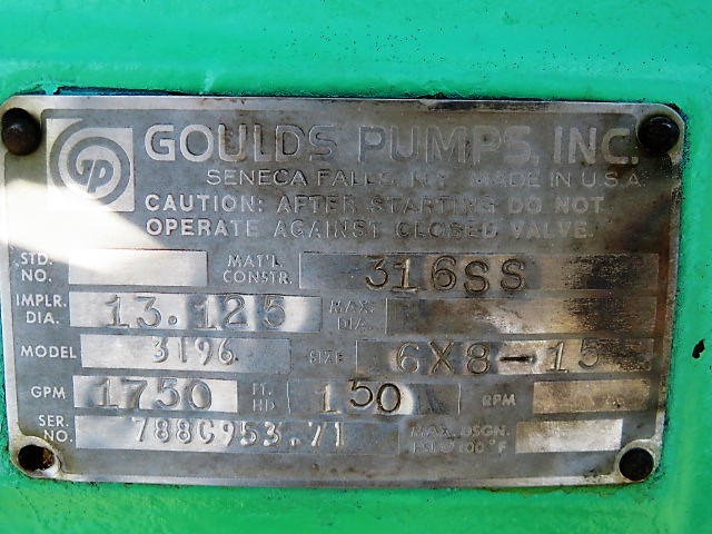 Goulds Pump Model 3196 XLT Size 6×8-15 Material 316ss