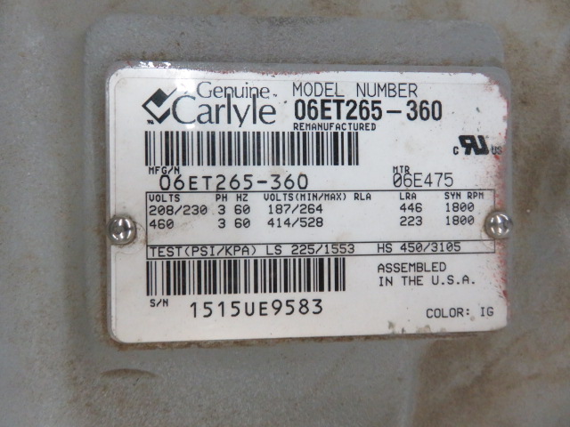 Carlyle Model 06ET265-360 Semi-Hermetic Compressor Unused Condition