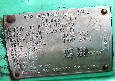 Durco pump model MK3 type Self Priming size 2K1.5×2-10 Stainless