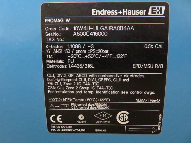 16″ – 150# Endress Hauser Promag W Magnetic Flowtube with Integrated Electronic Display ; Unused Condition!