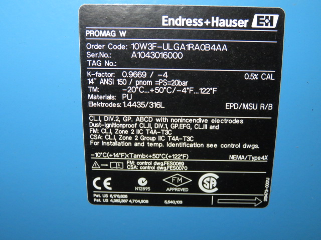 14″ – 150# Endress Hauser Promag W Magnetic Flowtube ; Unused Condition!