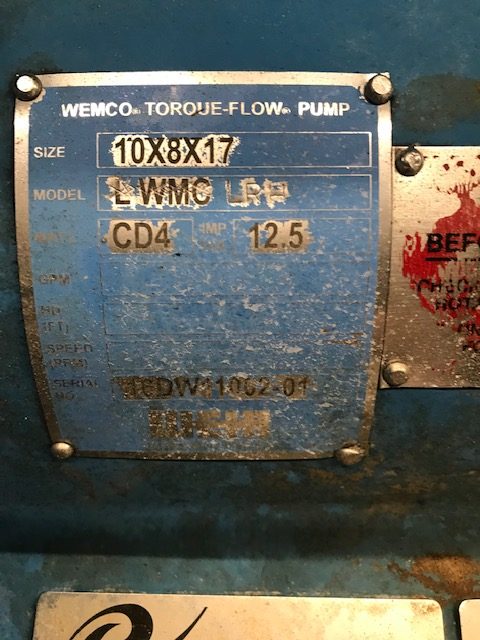 Wemco Torque-Flow Pump Model LWMC LRH Size 10×8-17 Material CD4