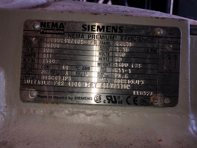 100hp 3580rpm 460v  frame 444TS Siemens NEMA Premium Efficiency Motor