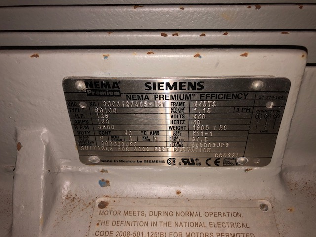 125hp 3580rpm 460v Frame 445TS Siemens Premium Efficiency AC Motor Unused