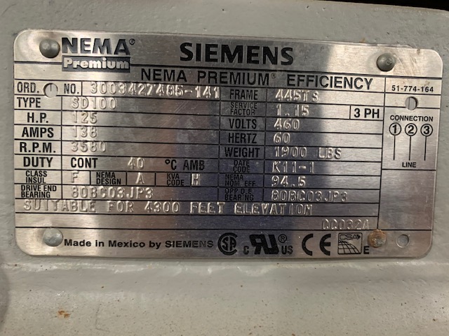 125 hp 3580 rpm 460v Siemens Nema Premium AC Motor Unused