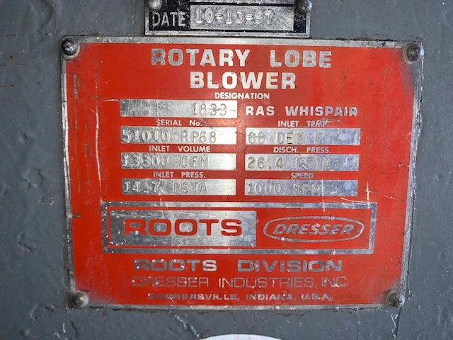 Roots Dresser Rotary Lobe Blower Model 1833 RAS WhispAir Rebuilt Condition