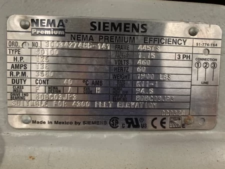 125 hp 3580 rpm 460v Siemens Nema Premium AC Motor Unused
