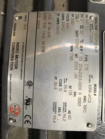 200 Hp 1785 Rpm 460v 447T US Motors AC Motor, Unused
