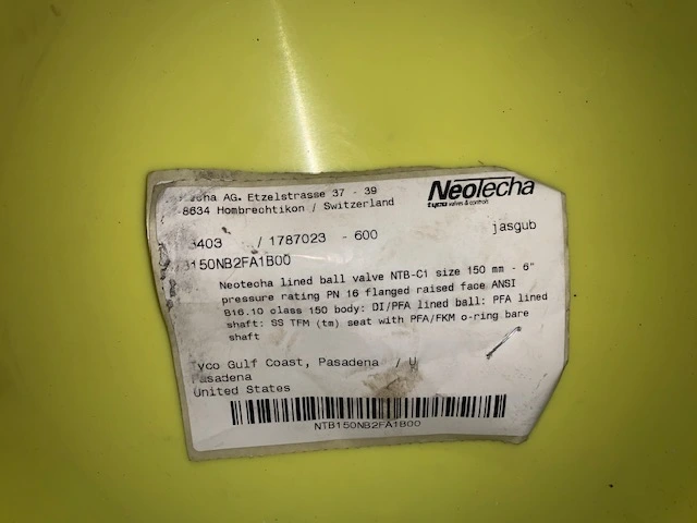 6″ NeoTecha Lined Ball Valve NTB-C1, Unused