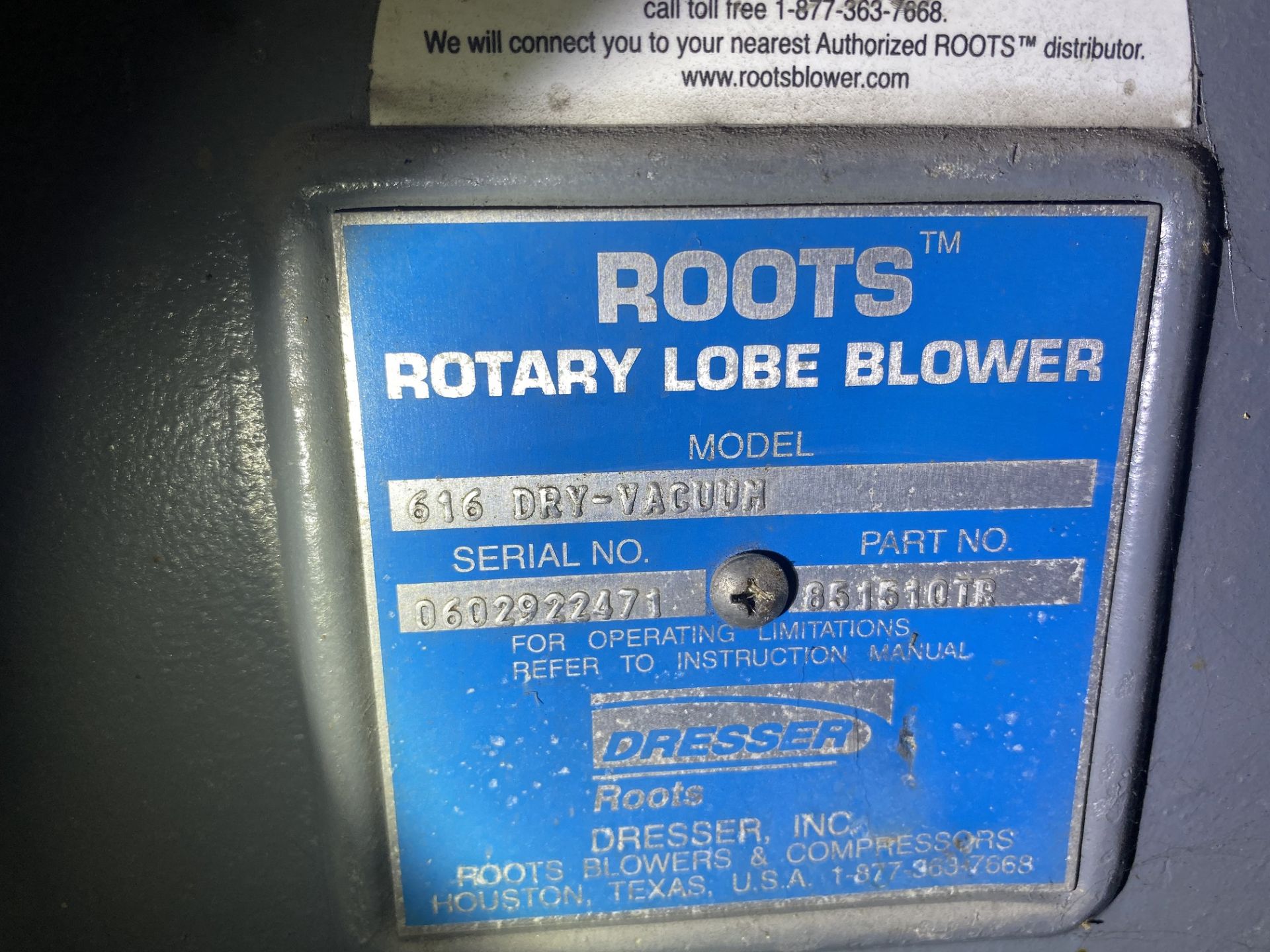 Dresser Roots 616 Dry-Vacuum Rotary Lobe Blower, Storeroom Spare