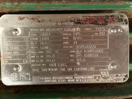 75HP Toshiba AC Motor, 1779 rpm, 575 volts TEFC, 365T Frame