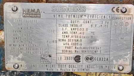 40 hp Siemens NEMA Premium Efficiency AC Motor , 1780 rpm 460 volts