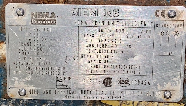 40 hp Siemens NEMA Premium Efficiency AC Motor , 1780 rpm 460 volts