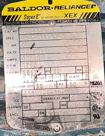 20 hp 1765 rpm 460v Baldor Reliance AC Motor