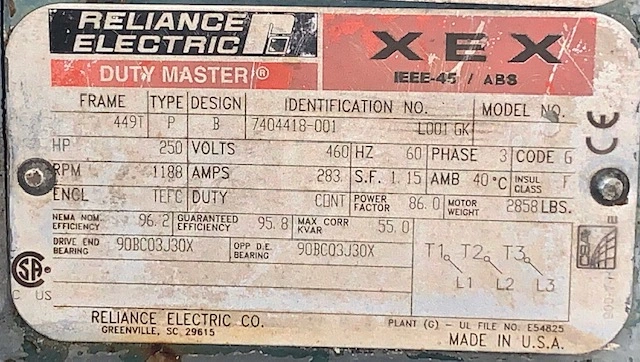 250 hp 1188 rpm 460 volts Reliance Electric AC Motor