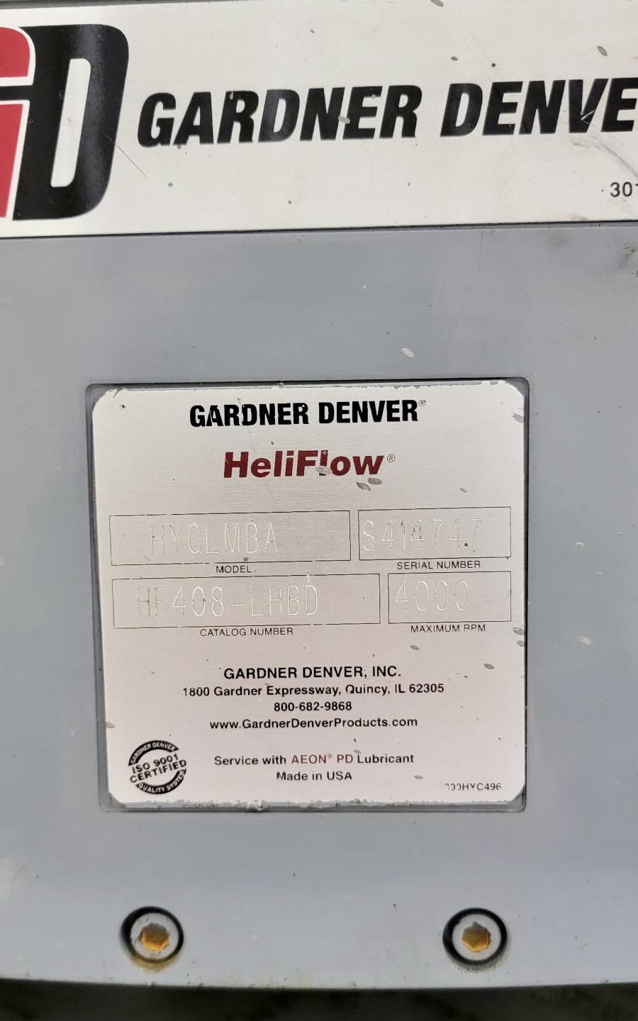 Gardner Denver 4″ HeliFlow HYCL MBA, HF408-LHBD Positive Displacement Helical Tri-Lobe Blower