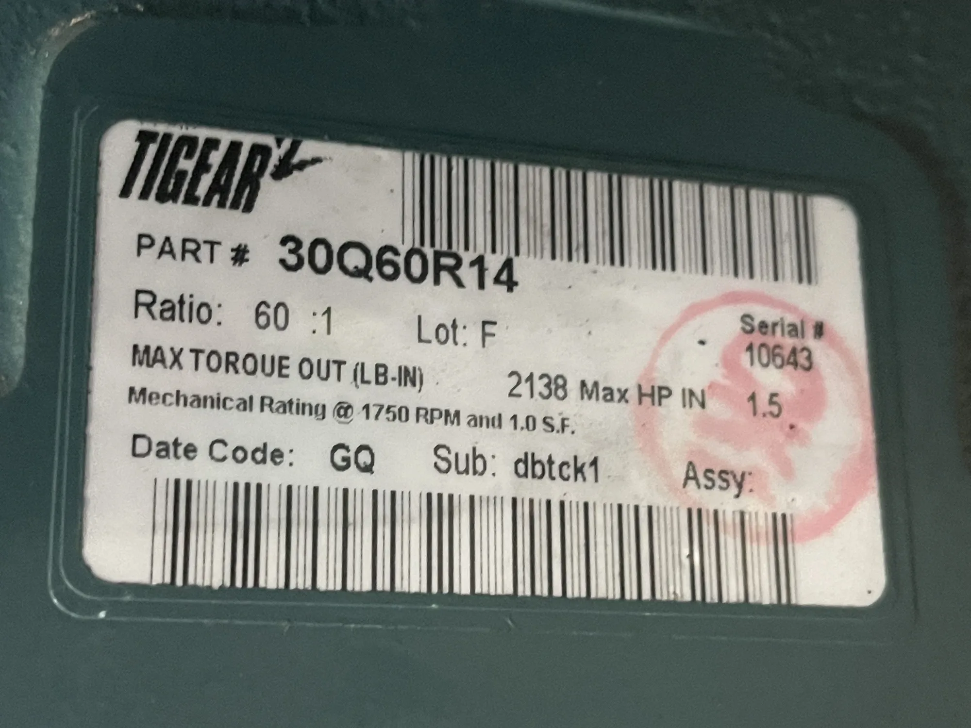 Tigear Gear Reducer 30Q60R14 Ratio 60:1 New Storeroom Spare