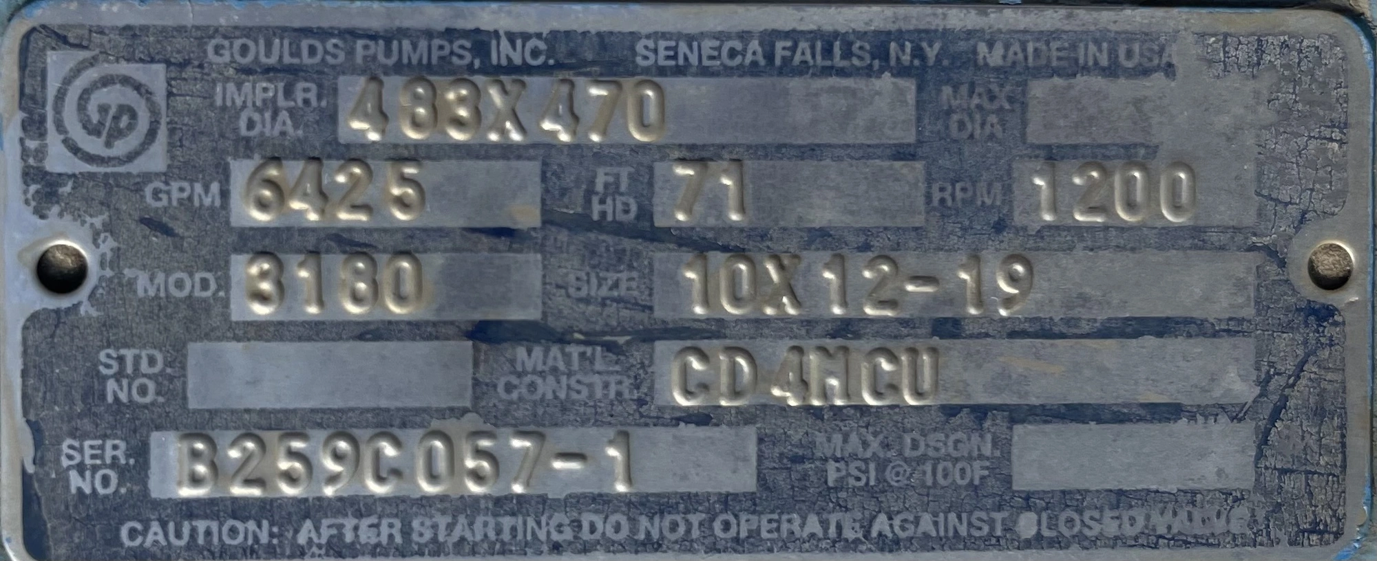 Goulds pump model 3180 size 10×12-19 CD4MCU