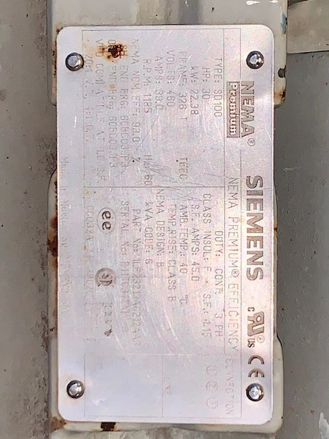 30 hp Siemens AC Motor 1185 rpm 326T 460v