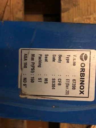 6″ 150# Orbinox Knife Gate Valve Air Operated New Storeroom Spare