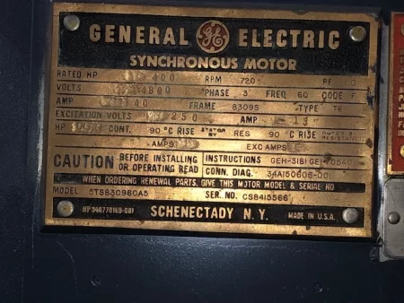 400 HP General Electric Synchronous Motor 720 Rpm 4800 Volts