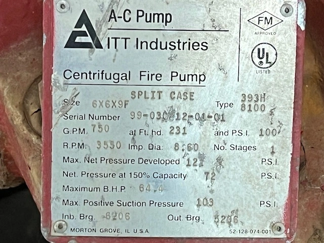 ITT A-C 8100 6x6x9F Centrifugal Fire Pump