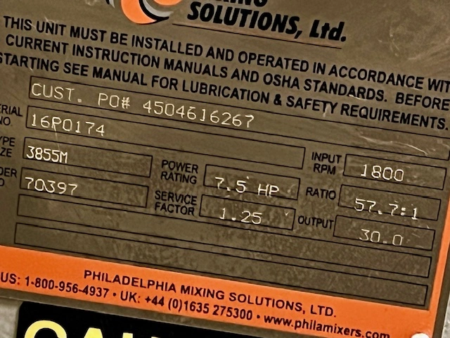 Philadelphia Mixer Type 3855M Rated 7.5HP New Storeroom Spare