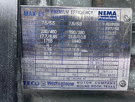 7.5 HP Teco Westinghouse Motor, 1755 RPM, 230/460V