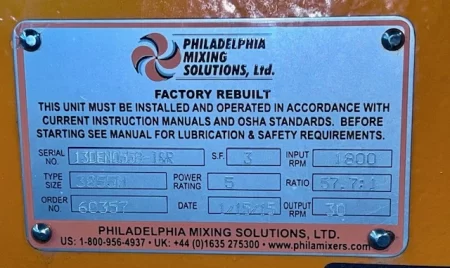 Philadelphia Mixer Model 3855M, Remanufactured