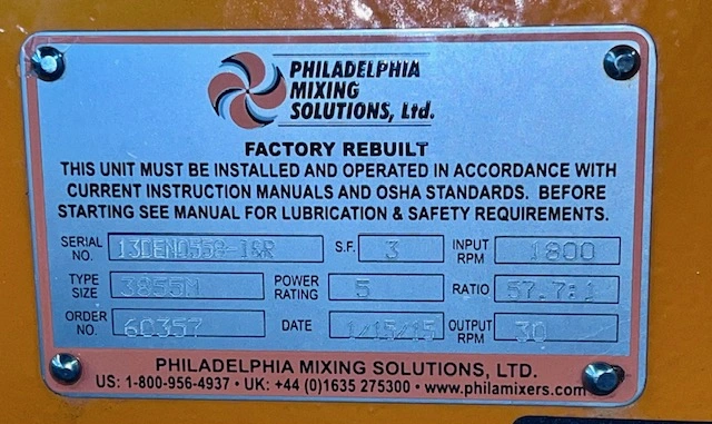 Philadelphia Mixer Model 3855M, Remanufactured