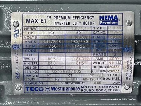 1.5 HP Teco Westinghouse Motor, 1730 RPM, 230/460V