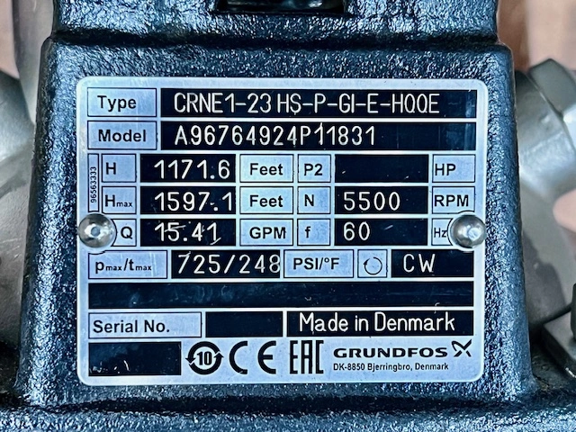 10HP Grundfos CRNE1-23-HS-P-GI-E-HQQE Model A96764924P11831 In-Line Pump
