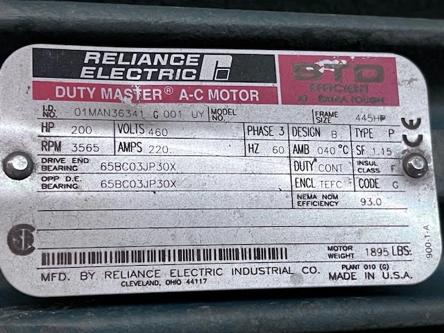 200HP Reliance Electric Vertical Motor