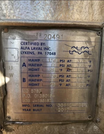 3000 Square Foot Alfa Laval Spiral Heat Exchanger Model 1H-L-1T
