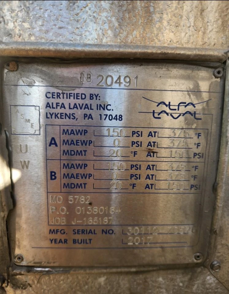 3000 Square Foot Alfa Laval Spiral Heat Exchanger Model 1H-L-1T